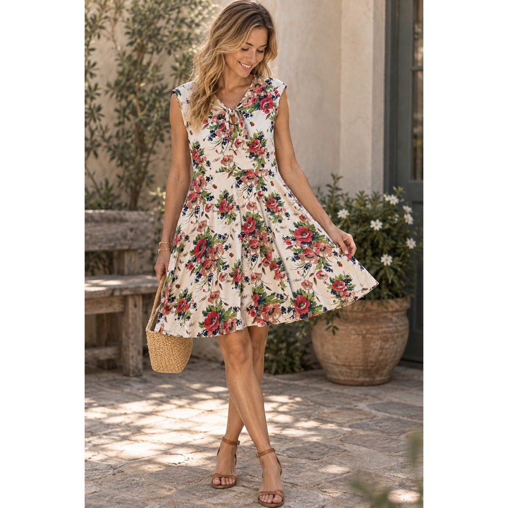 Effies Heart Poppy Floral Fit Flare Dress XL Cream Red Sleeveless Pockets